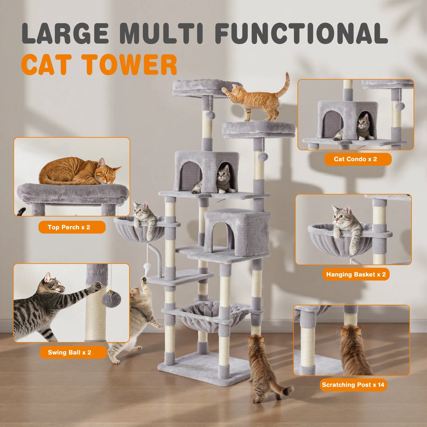 JHK 71In Cat Tree Tall Multi-Cat Climbing Tower for Pet Furniture Natural Sisal Scratching Posts Stable Pet House for Indoor Cat
