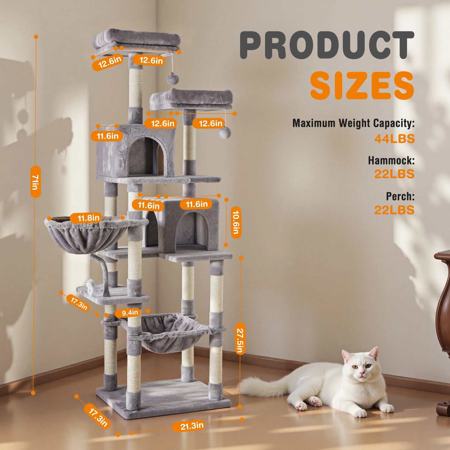 JHK 71In Cat Tree Tall Multi-Cat Climbing Tower for Pet Furniture Natural Sisal Scratching Posts Stable Pet House for Indoor Cat