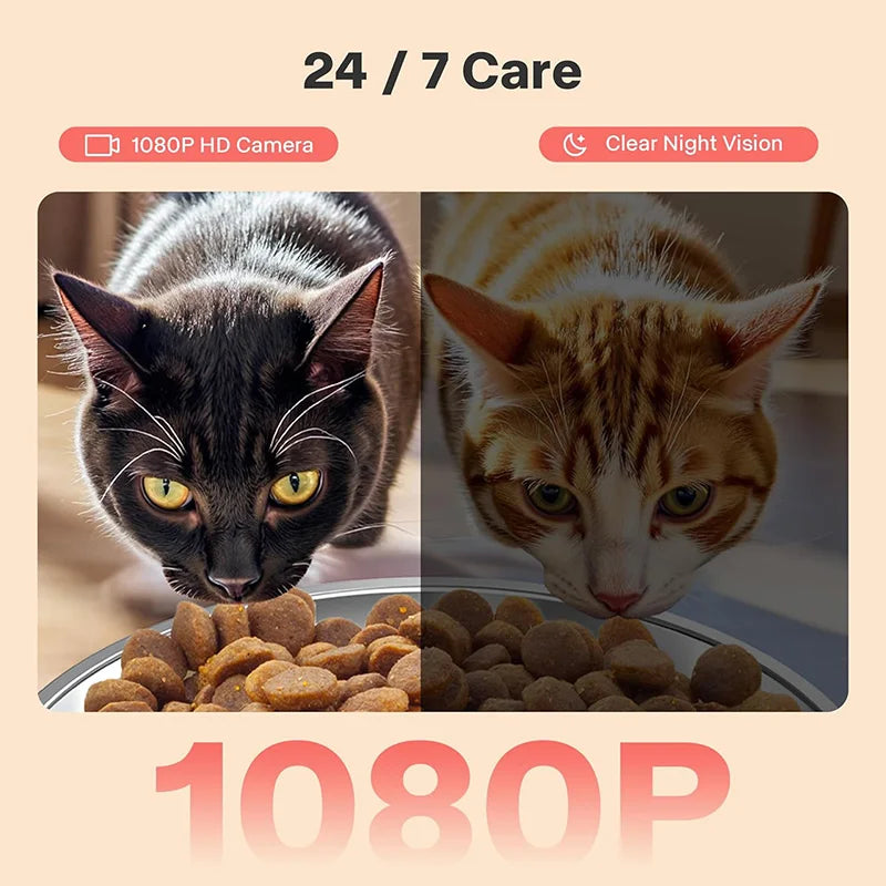 7L Smart Automatic Pet Feeder with HD Camera Double Bowls WiFi Intelligent Cat Dog Food Dispenser with Tuya App Control Remote Monitoring Two-Way Audio Voice Recorder Timer Auto Feeding for Multi Pets