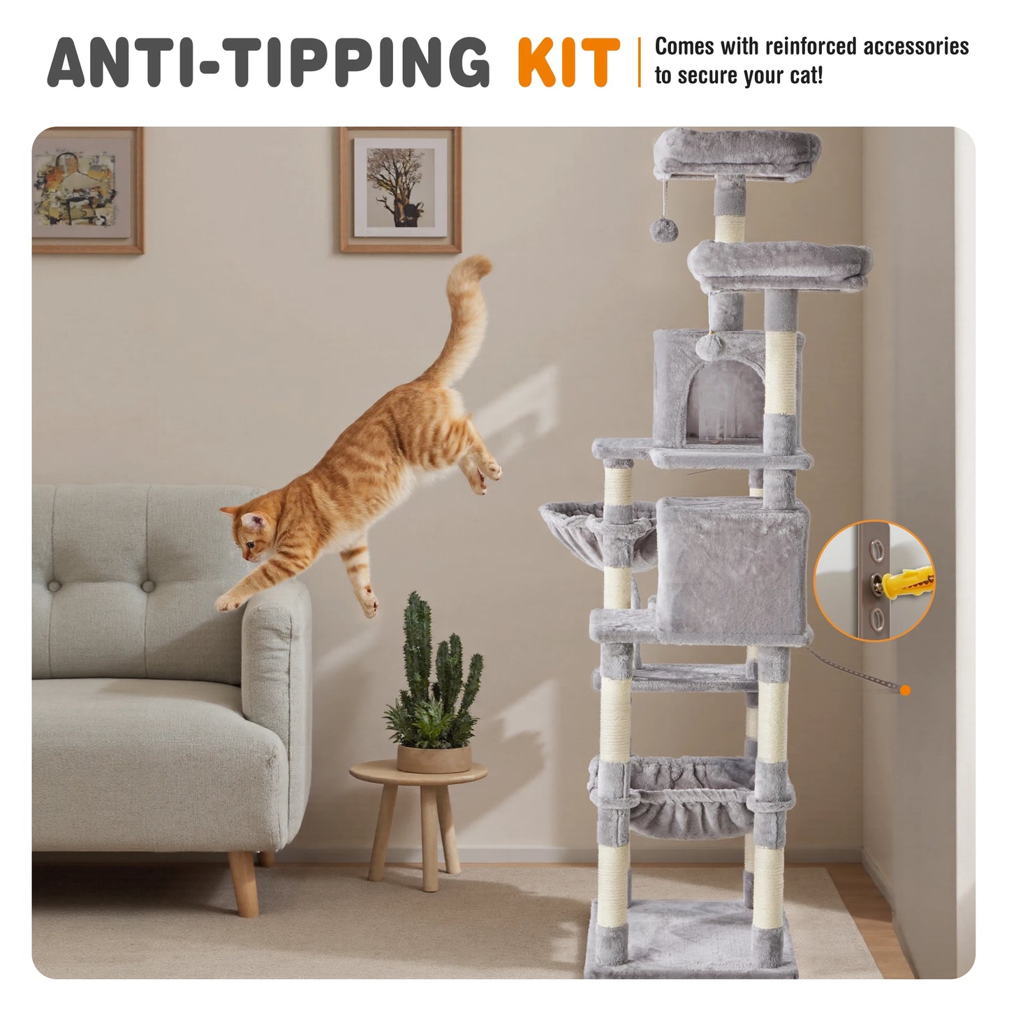 JHK 71In Cat Tree Tall Multi-Cat Climbing Tower for Pet Furniture Natural Sisal Scratching Posts Stable Pet House for Indoor Cat