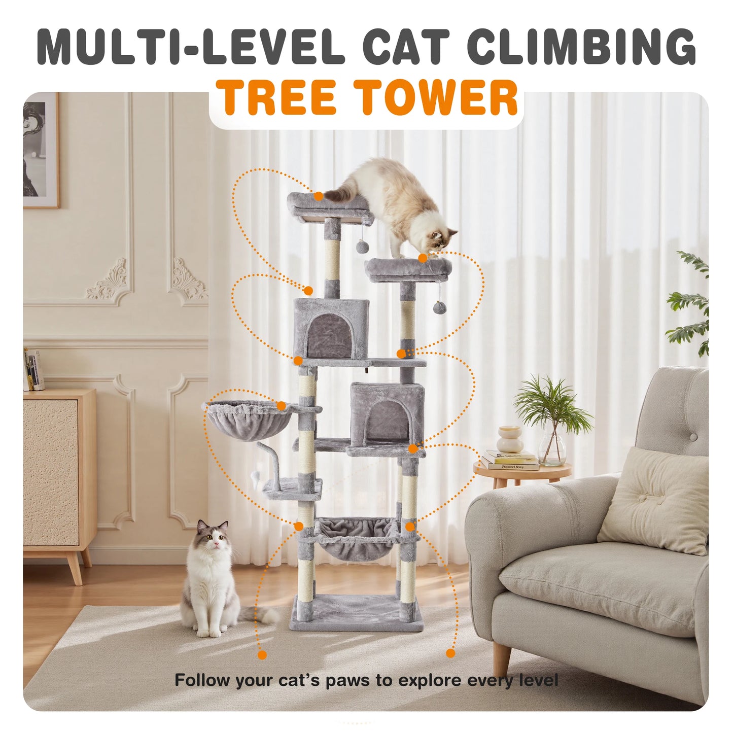 JHK 71In Cat Tree Tall Multi-Cat Climbing Tower for Pet Furniture Natural Sisal Scratching Posts Stable Pet House for Indoor Cat