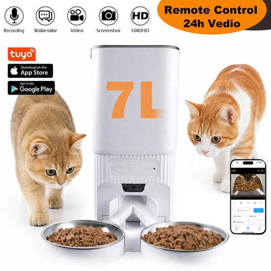 7L Smart Automatic Pet Feeder with HD Camera Double Bowls WiFi Intelligent Cat Dog Food Dispenser with Tuya App Control Remote Monitoring Two-Way Audio Voice Recorder Timer Auto Feeding for Multi Pets